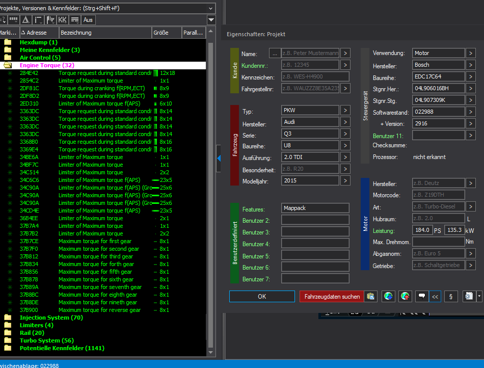 Winols Mappack VAG ECU BOSCH EDC17C64 04L906016BH 04L907309K 022988 2916 2.0TDI 184PS 135kW