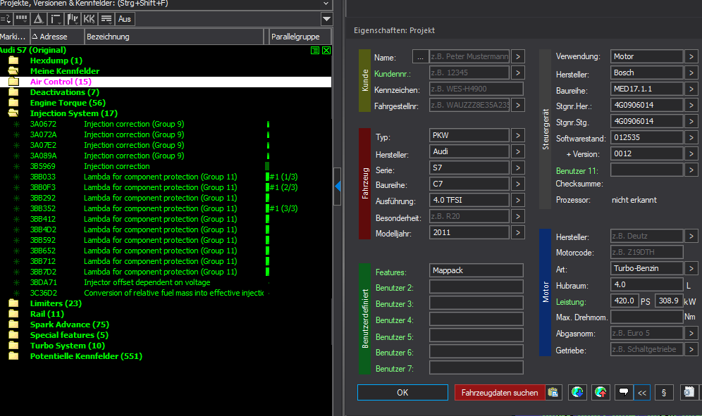 Winols Mappack VAG ECU BOSCH MED17.1.1 4G0906014 4G0906014 012535 0012 4.0TFSI 420PS 309kW S7 S6