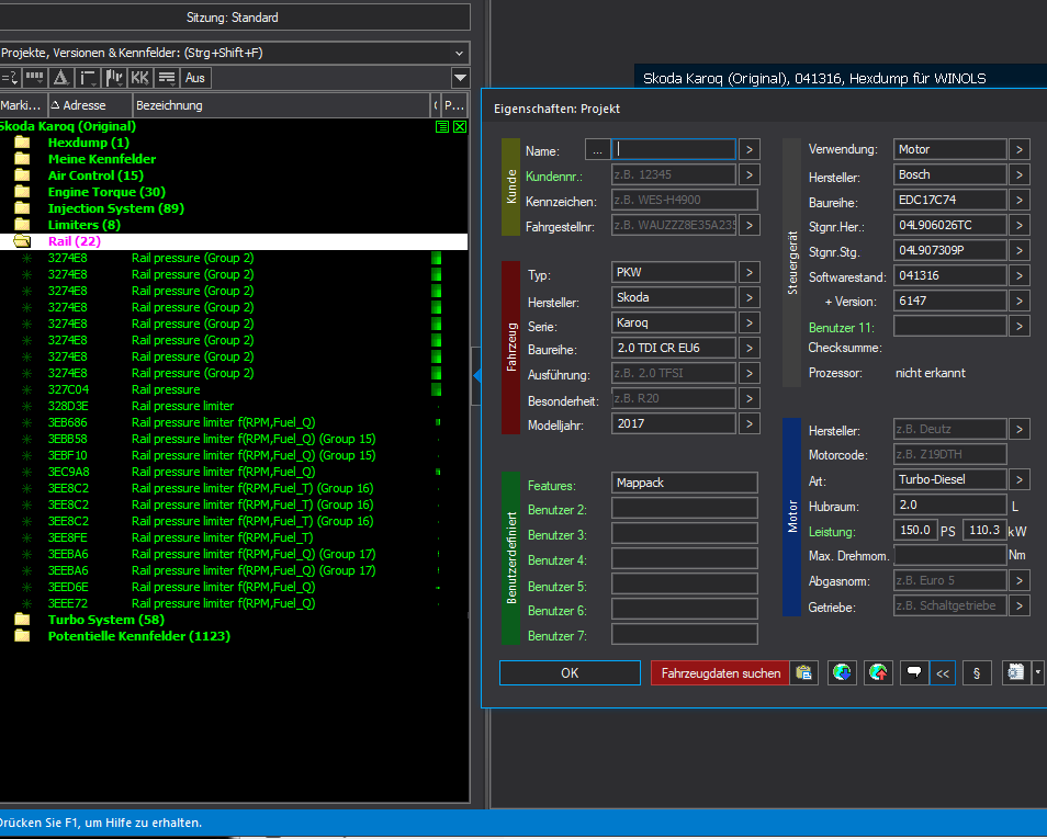 Winols Mappack VAG ECU BOSCH EDC17C74 04L906026TC 04L907309P 041316 6147 2.0TDI 150PS 110kW