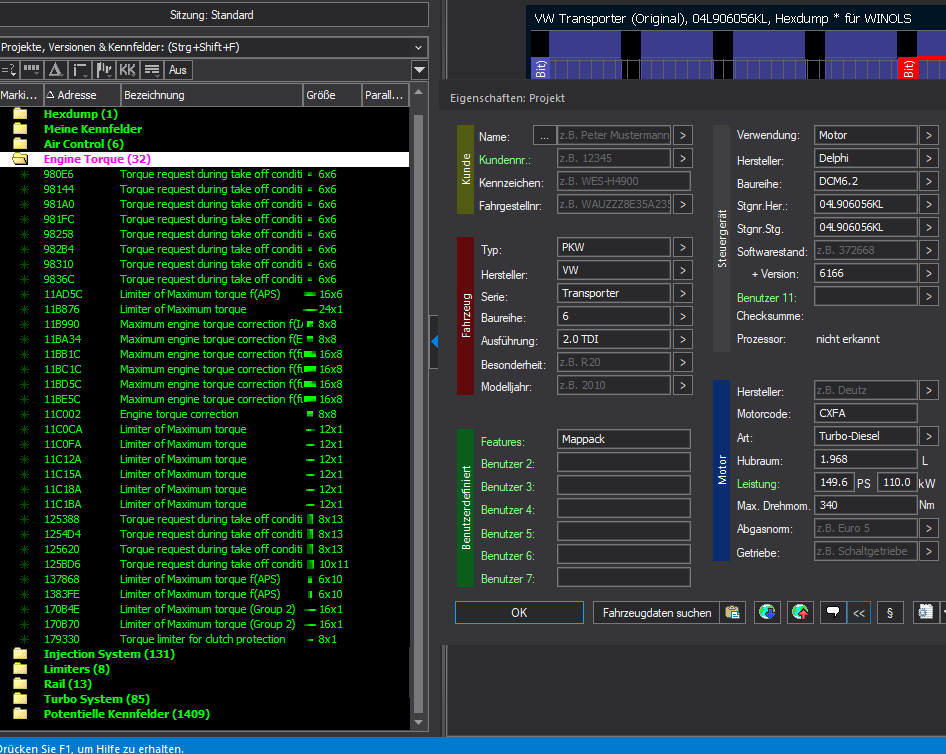 Winols Mappack VAG ECU DCM6.2 04L906056KL 04L906056KL 6166 2.0TDI 150PS 110kW