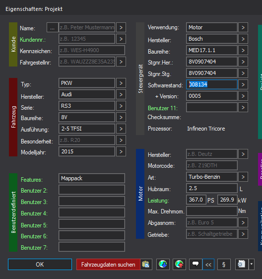 Winols Mappack VAG ECU BOSCH MED17.1.1 8V0907404 8V0907404 008134 0005 2.5TFSI 367PS 267kW RS3